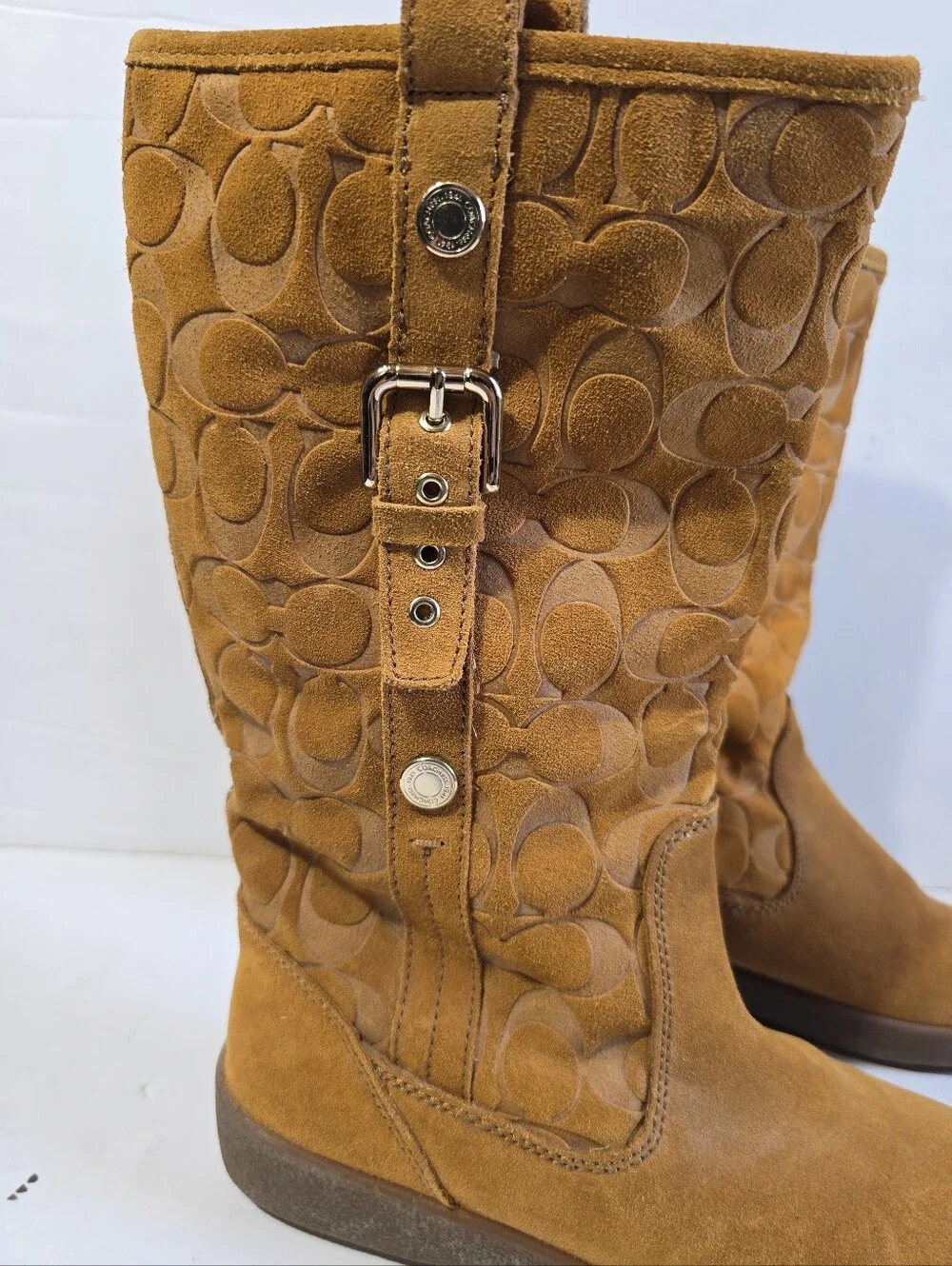 Coach Tullip Tan Suede Signature Mid-Calf Boots with Buckle Detail Size 7